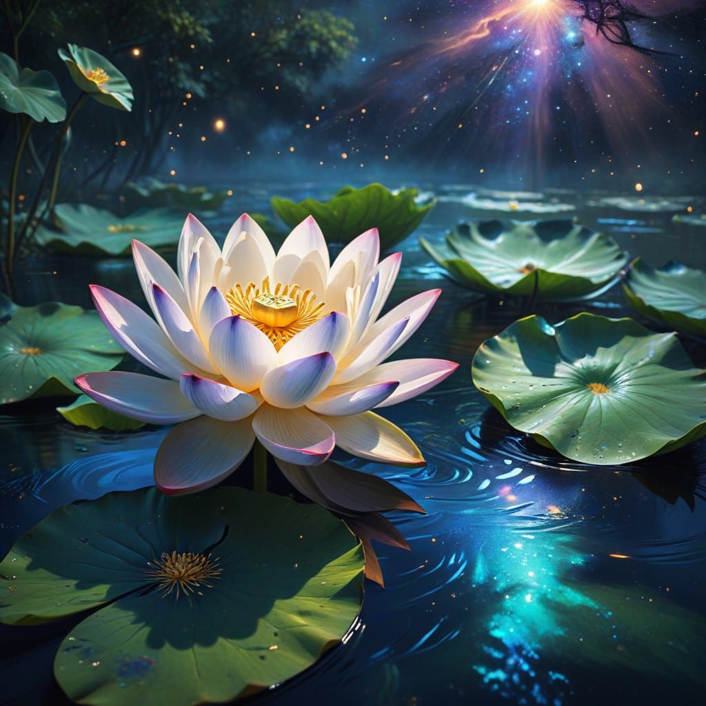 Dreamy Lotus Flower Blooms Amidst Celestial Wonders in Vibra...