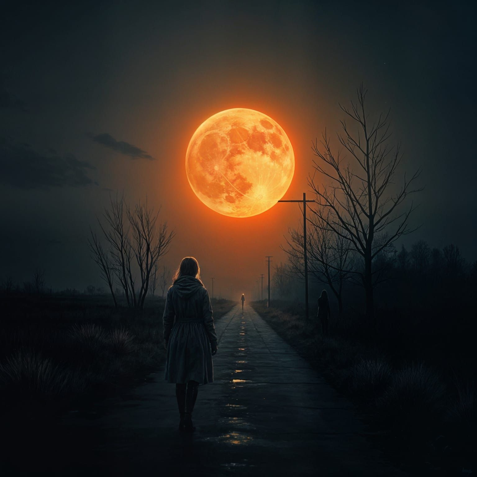 Eerie Blood Moon Lit Path: Photorealistic Painting