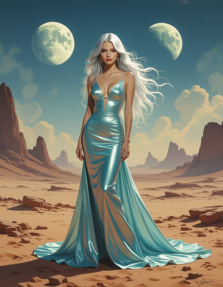 Ethereal Supermodel on Alien Planet in Futuristic Gown