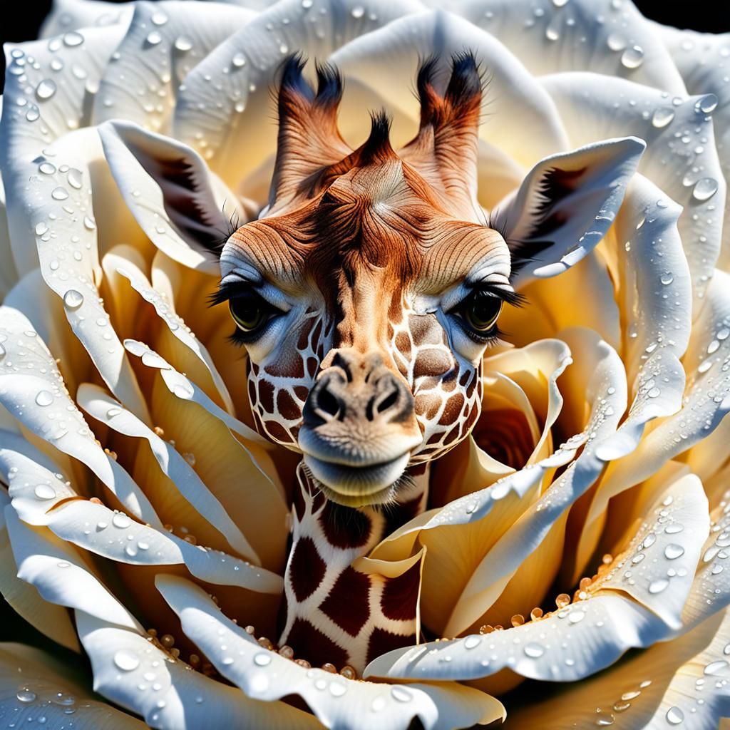 Cute Baby Giraffe Emerges from Vibrant Rose in Hyperdetailed...