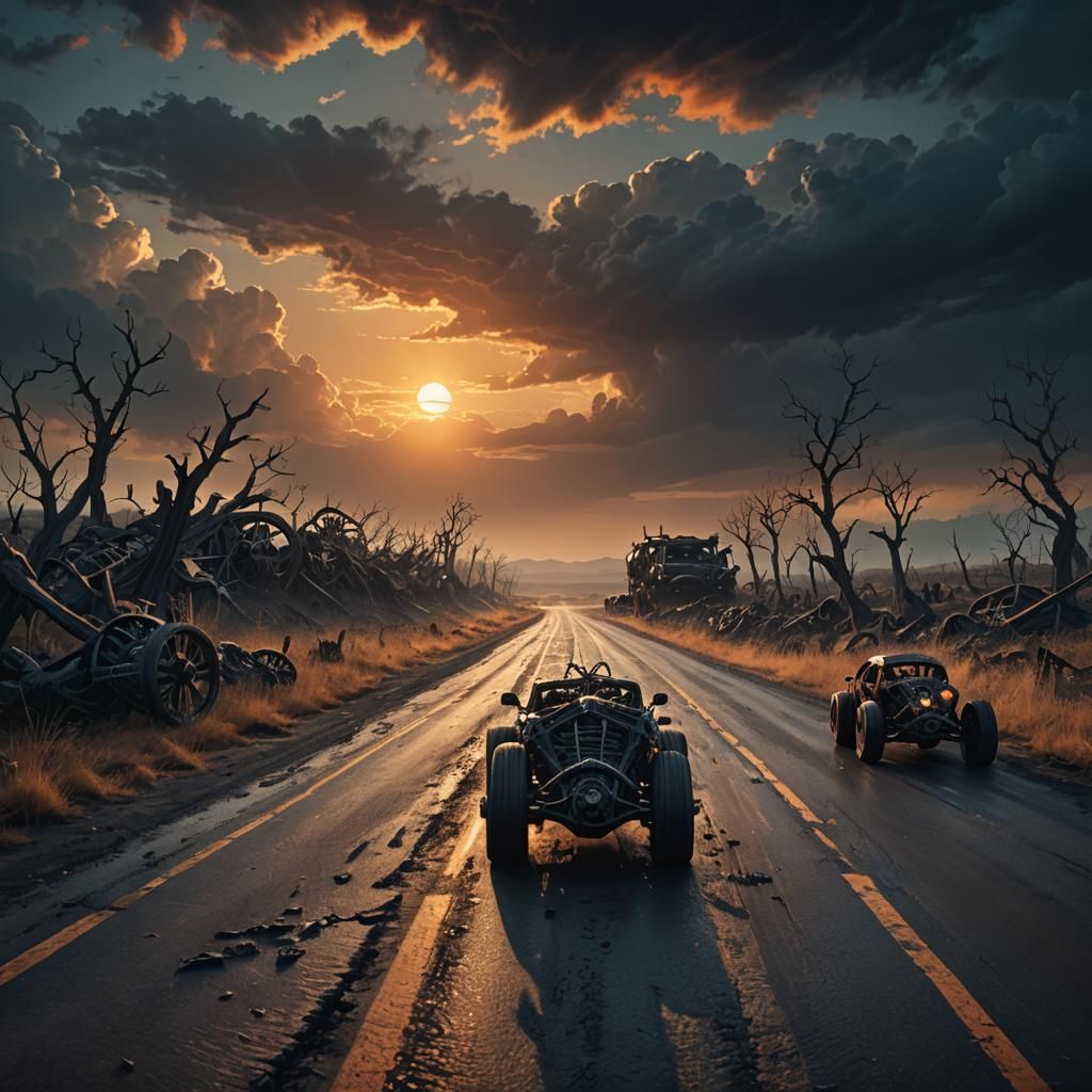 Car Wheels Escape Skeletons: Dark Fantasy Concept Art
