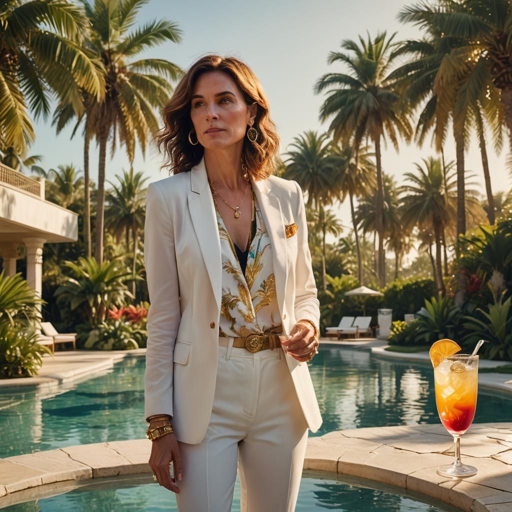 Elegant Woman Soaks Up Sunset by Palm Tree Pool Oasis