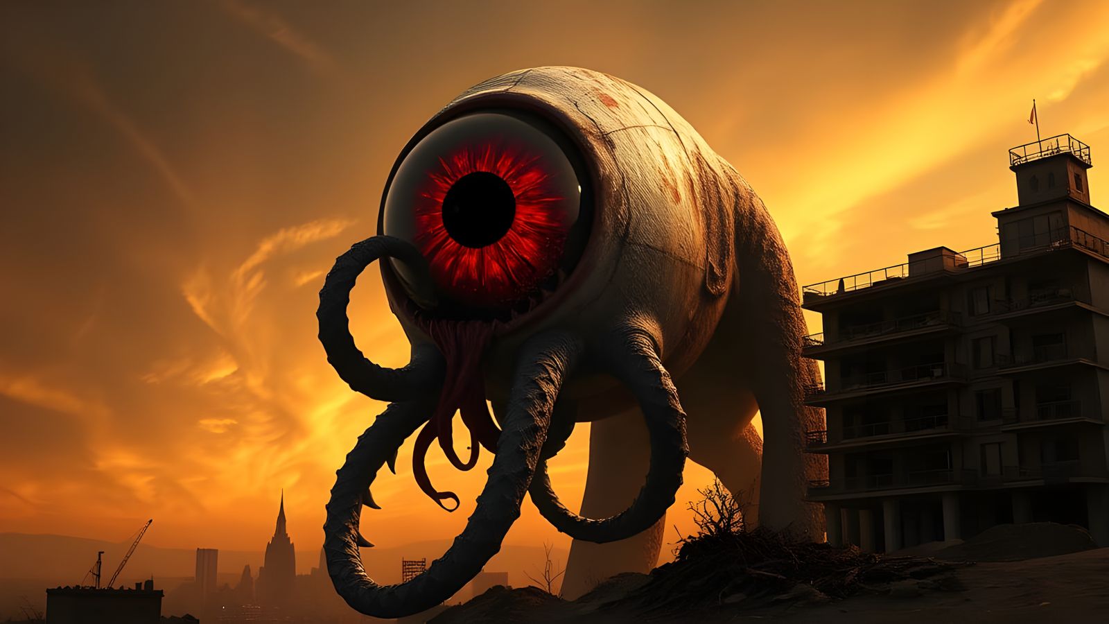 Surreal Horror Eye Monstrosity Dominates Dark Cityscape in C...
