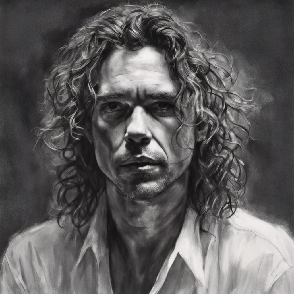 A charcoal sketch of Michael Hutchence, beautiful hair, skin and eyes, wearing an open white shirt, music art, iconic, h...