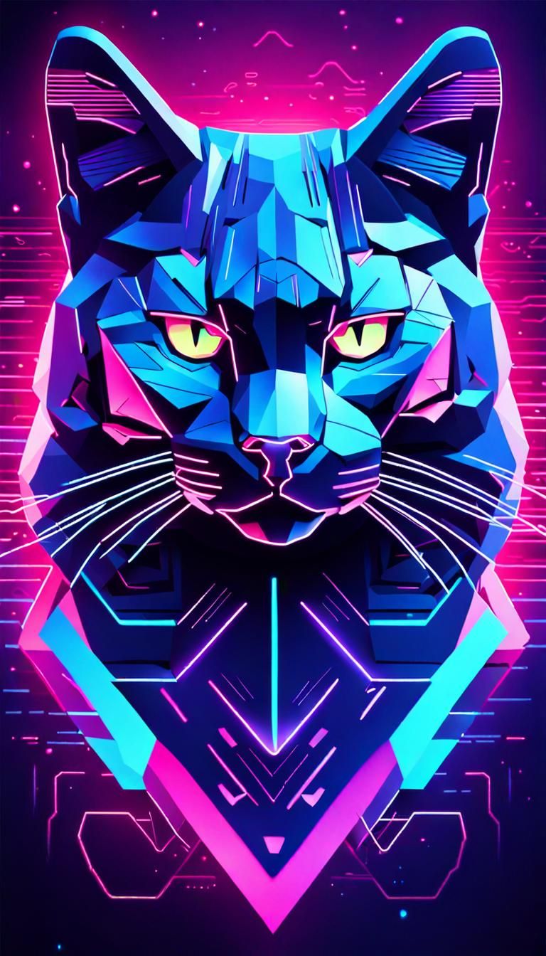 Metallic Cat Head in Synthwave Neon Landscape