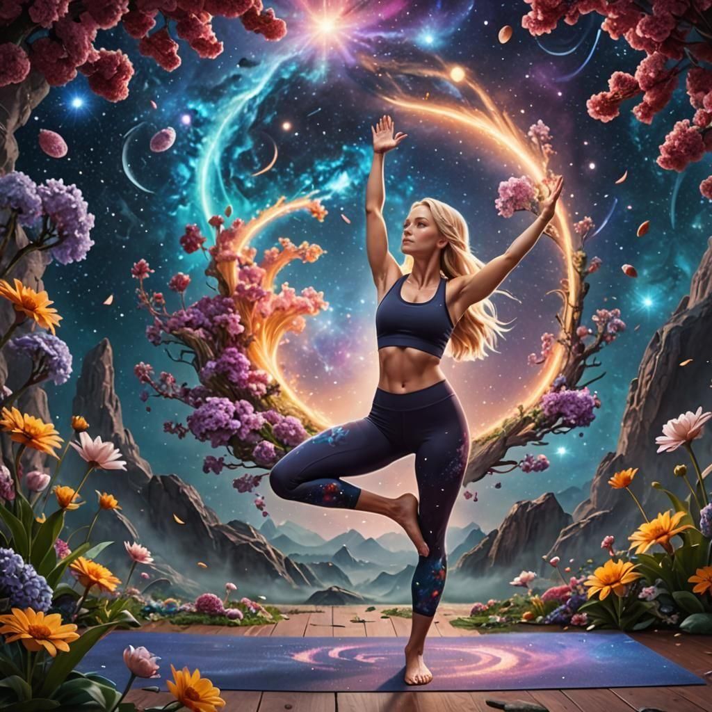 Woman in Galaxy Doing Warrior Yoga Pose
