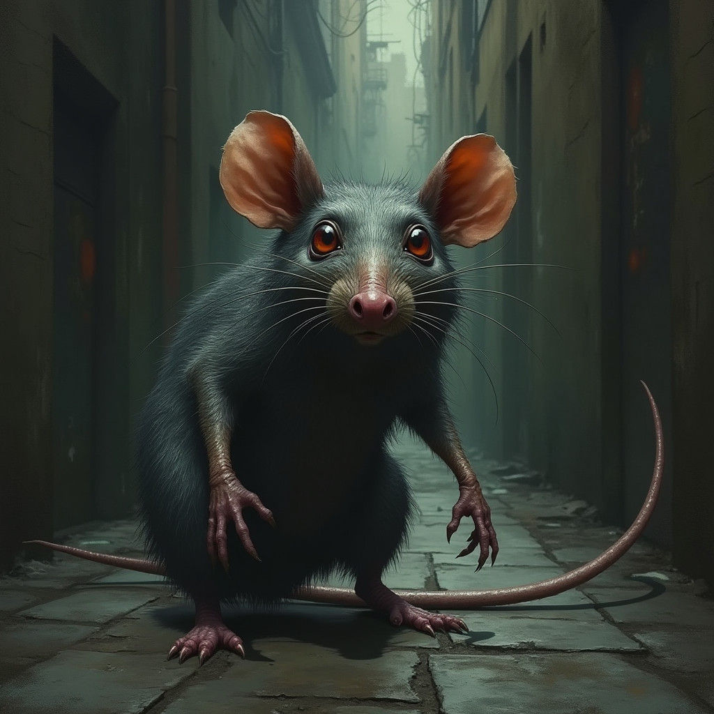 Grotesque Rat in Gritty Alleyway, Gothic Illustration