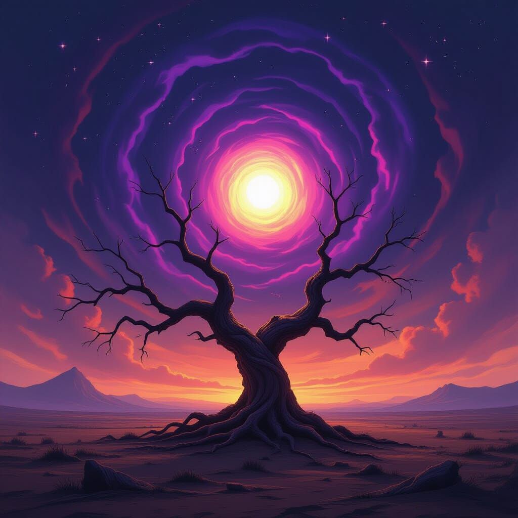 Ancient Gnarled Tree Encages Glowing Orb in Dark Fantasy