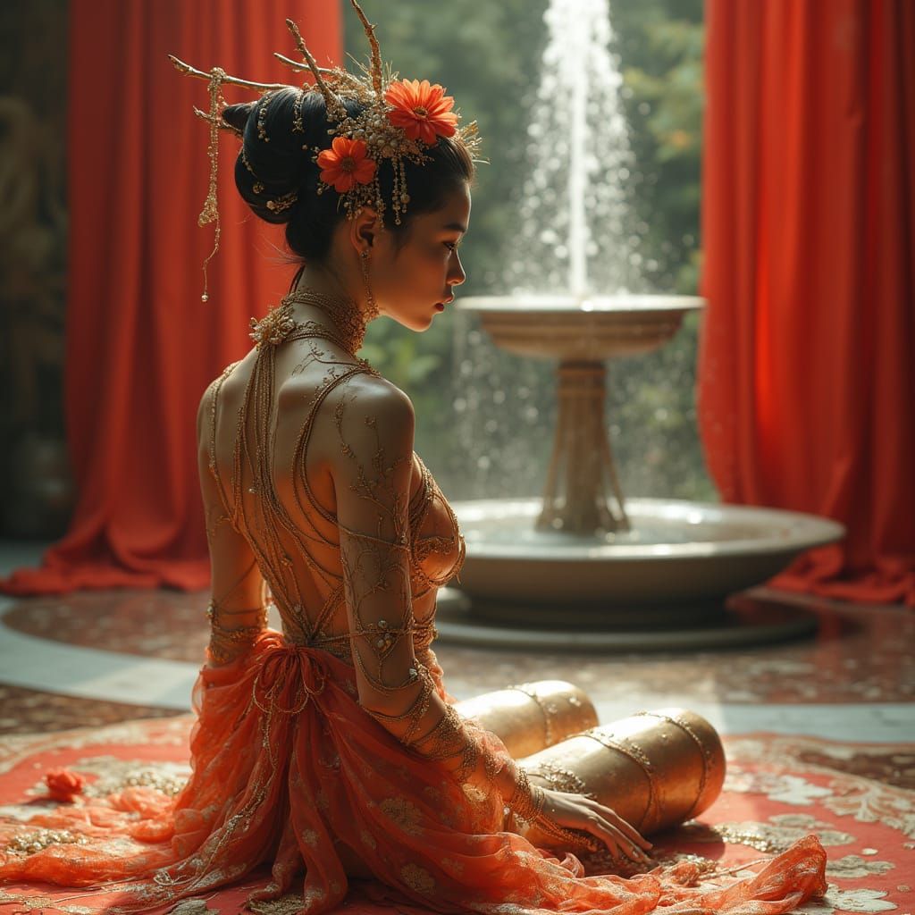 Cyborg Geisha Fairy with Red Accents