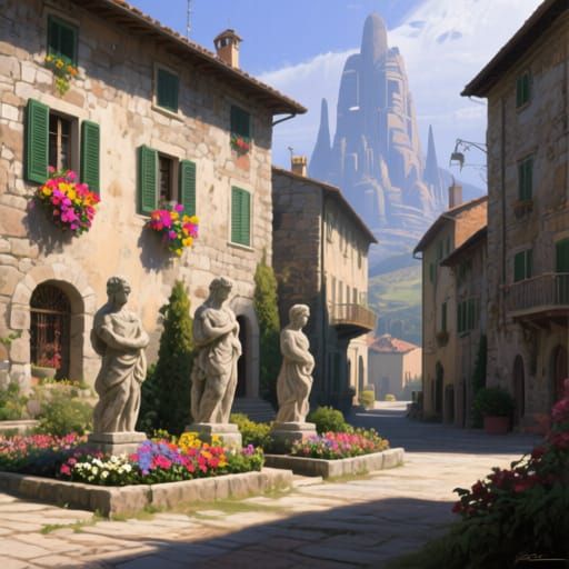 Italian Village with Stone Buildings in Digital Matte Painti...