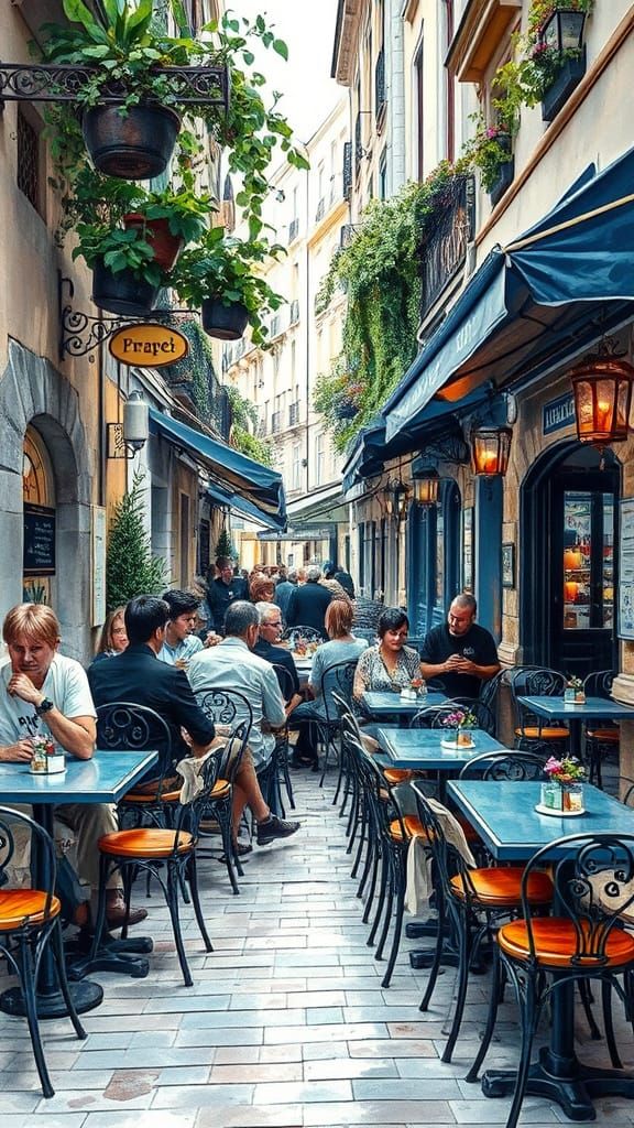 Vibrant Cafe Scene in Watercolor Style