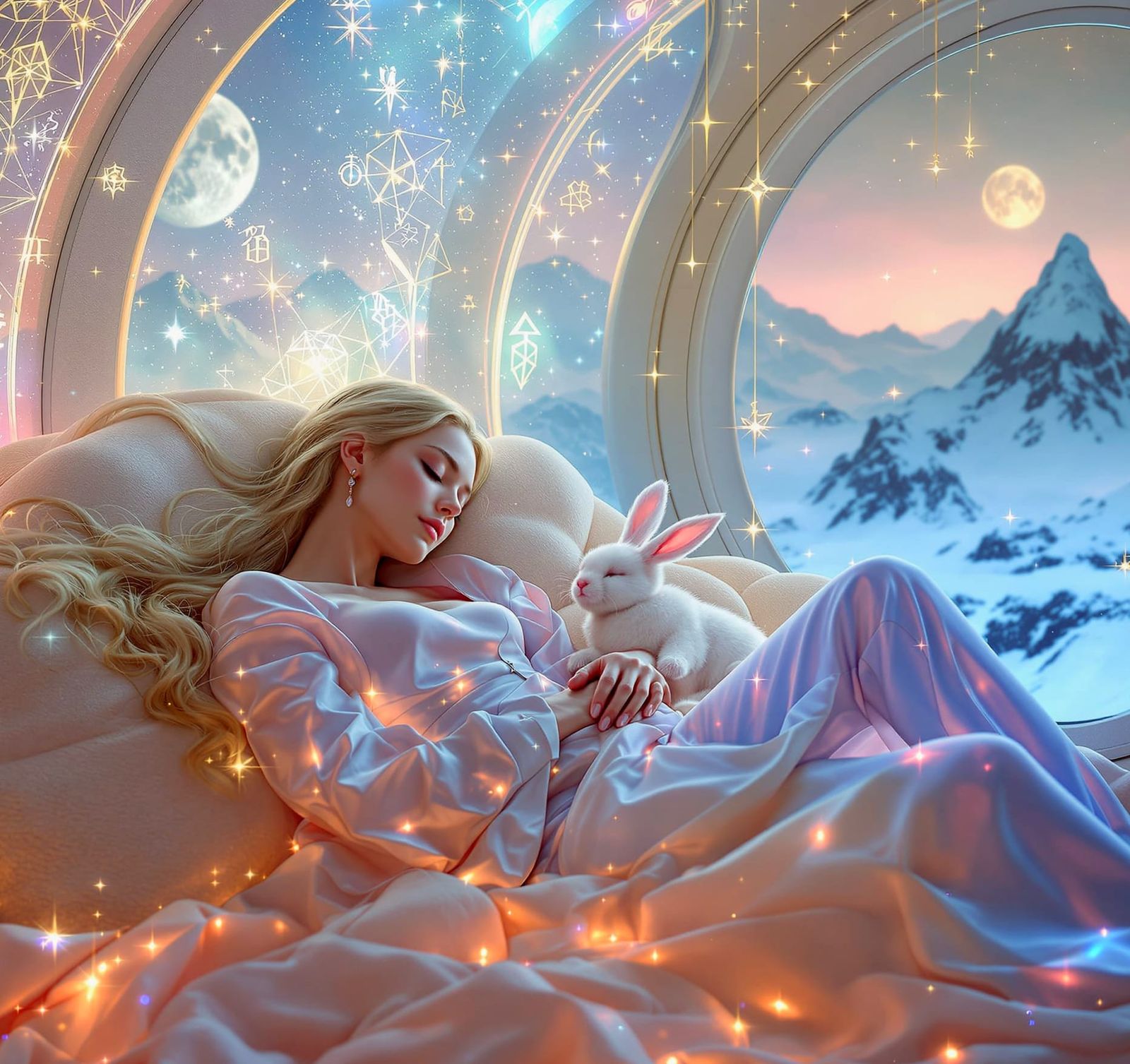 Couple Sleeping Peacefully in Glowing Spaceship