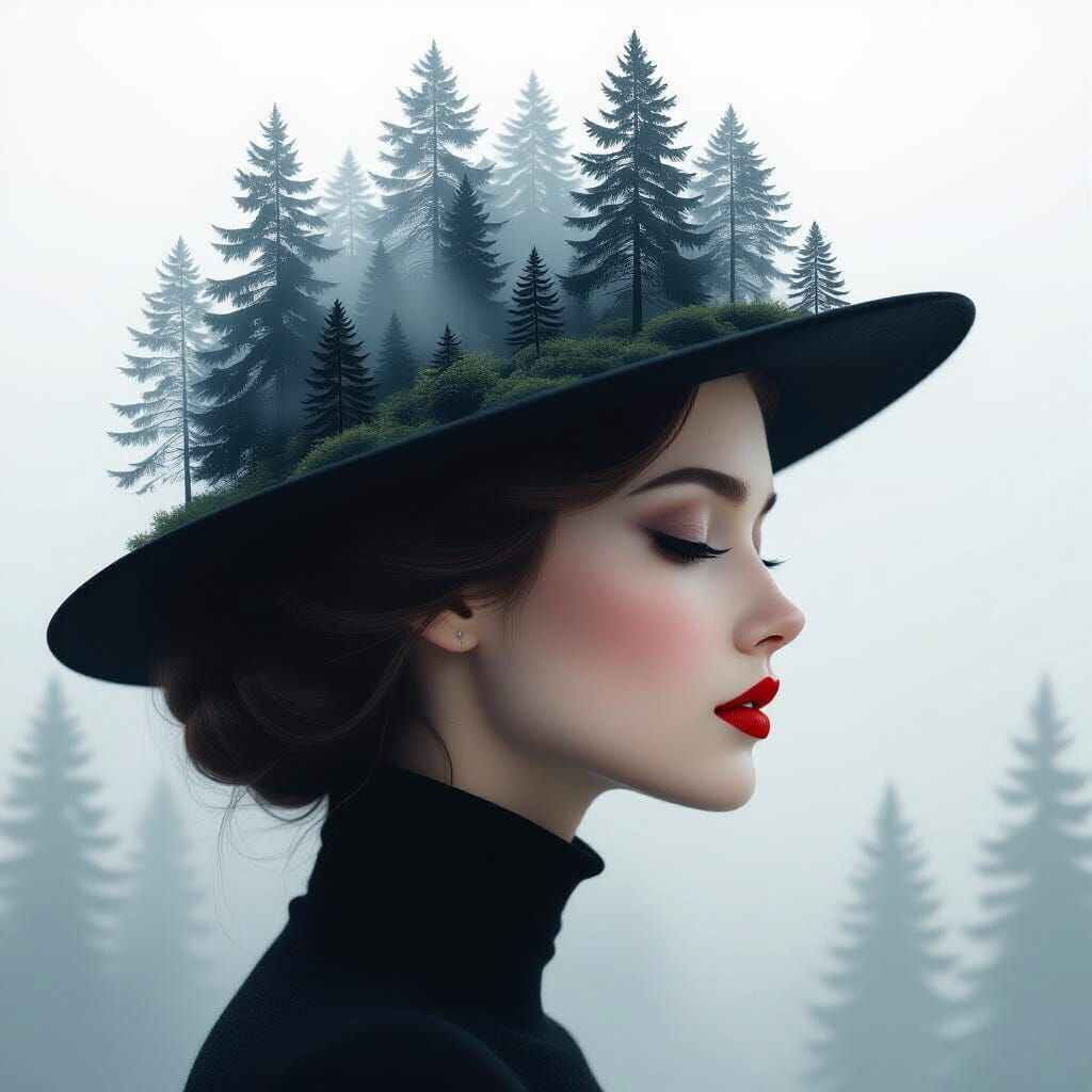 Woman with Miniature Forest Hat in Surreal Style