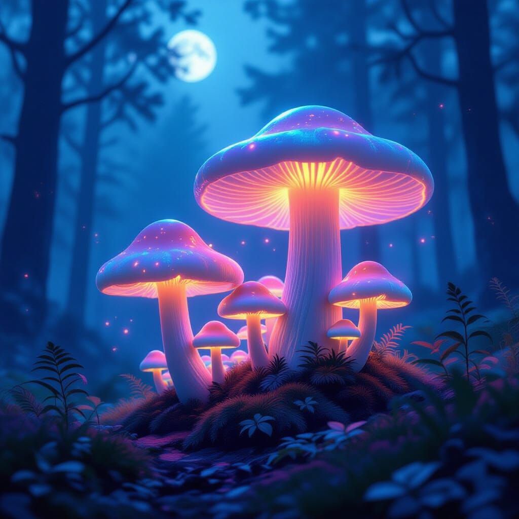 Glowing Bioluminescent Fungi in Misty Forest