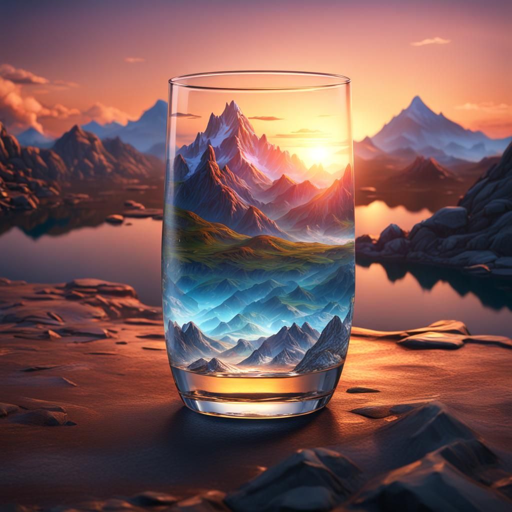 Sunset Mountains Reflected in Glass: Detailed Matte Painting