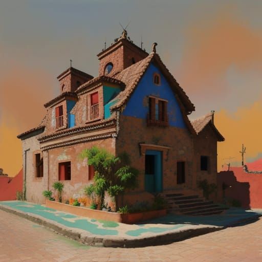 Vibrant Mexican Village Gouache Painting