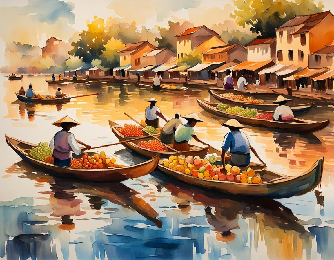 Impressionist Riverscape with Floating Market at Sunset