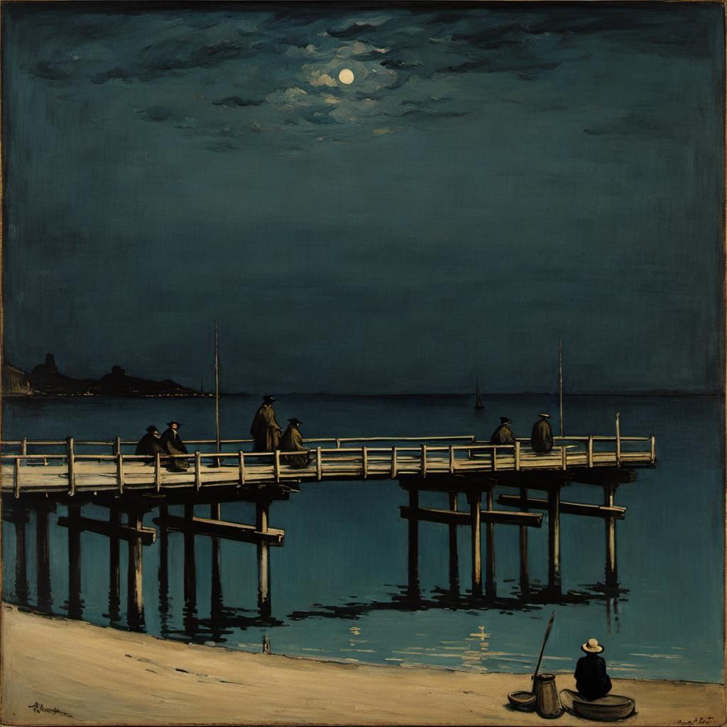 Moody Fisherman on Pier Inspired by Japonisme
