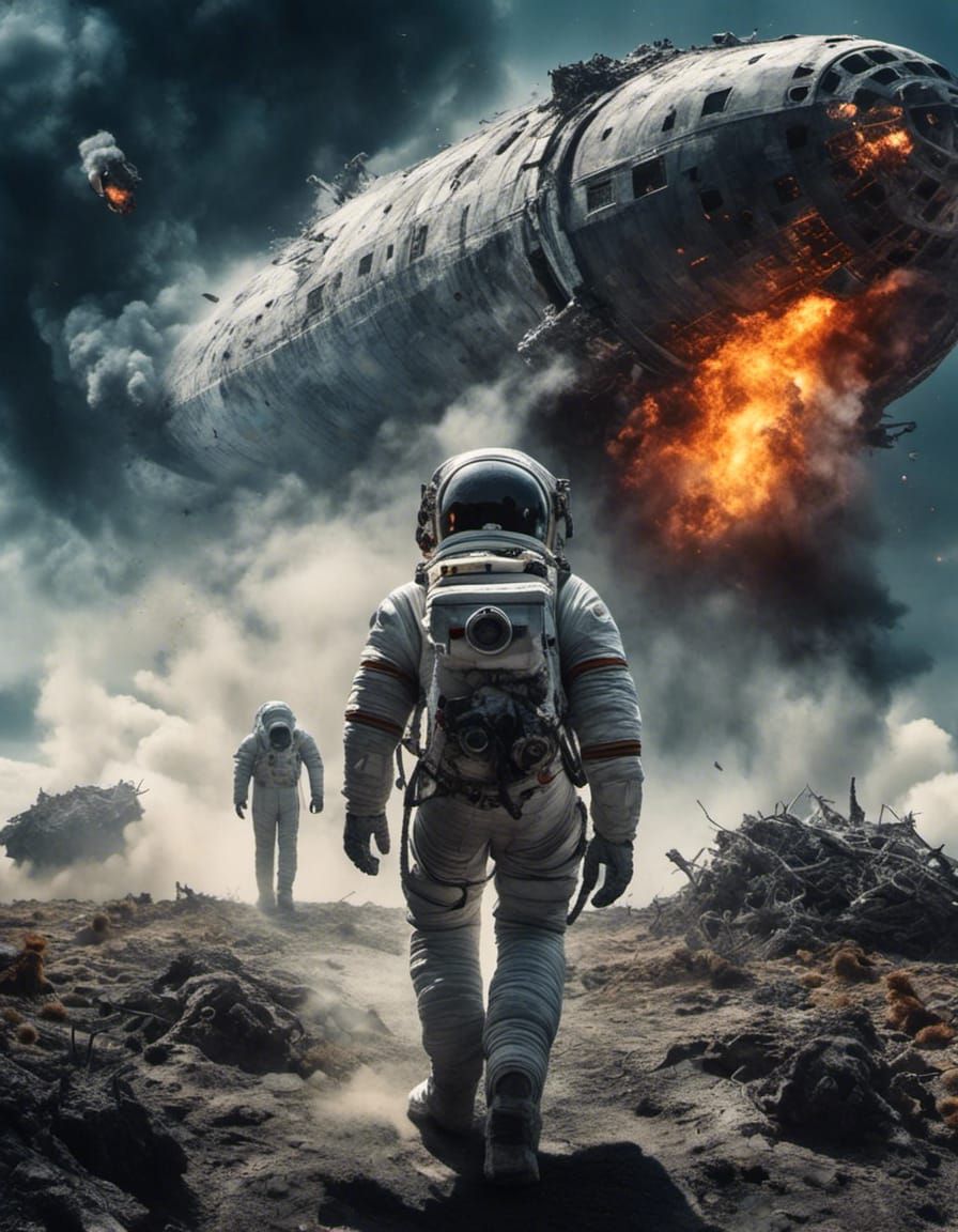 Astronaut Stranded Near Crashed Starship in Dark Fantasy Sty...