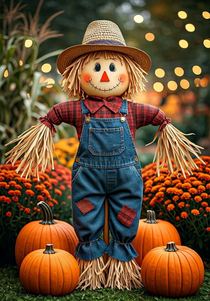 Whimsical Scarecrow in Autumn Garden, Children's Book Style