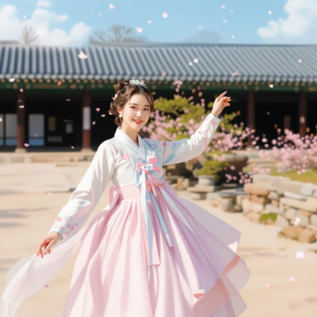 Woman in Blue & Pink Hanbok Amidst Cherry Blossoms