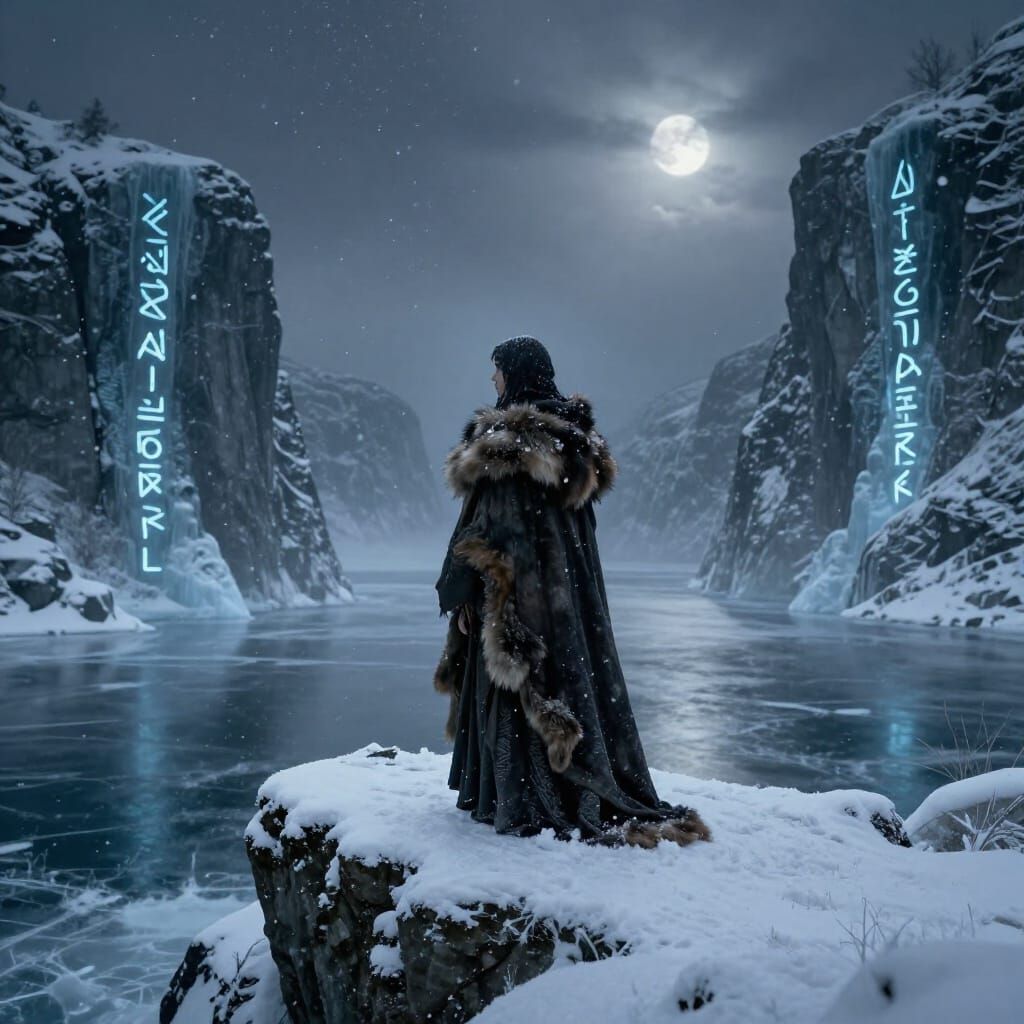 Völva on Snowy Precipice Overlooking Fjord in Dark Fantasy S...