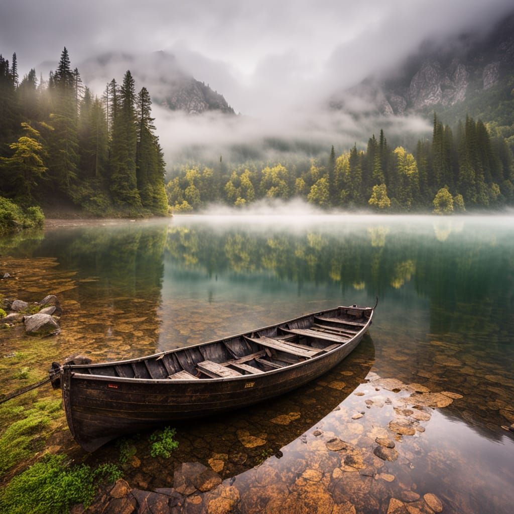 Misty Mountain Lake with Old Boat