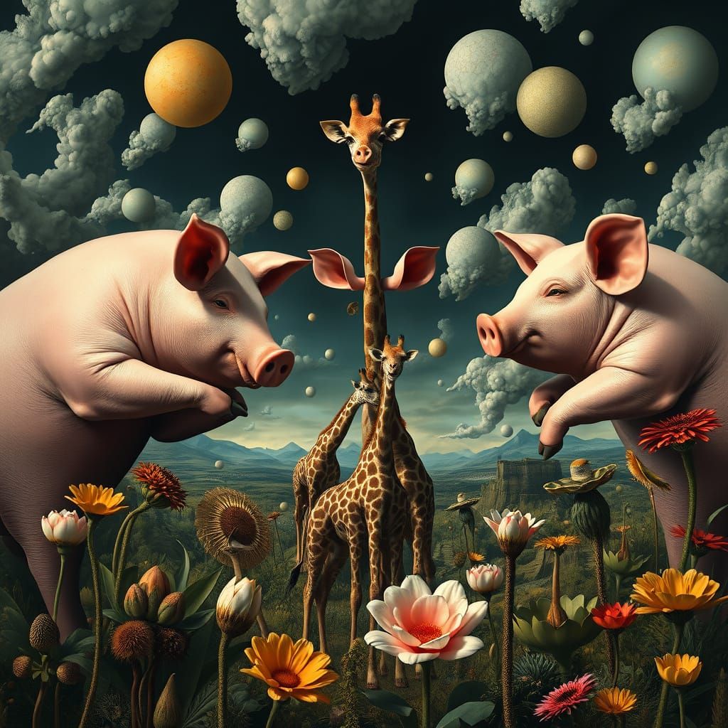Surreal Landscape: Pigs Painting Giraffes in Bosch-Inspired ...