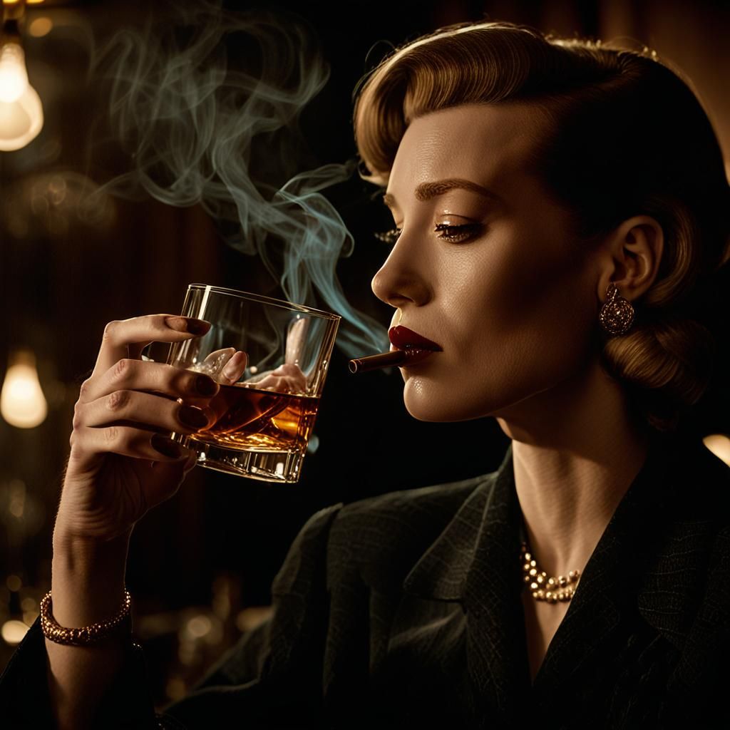 Moody Woman Drinks Whiskey in Smoky Bar at Night