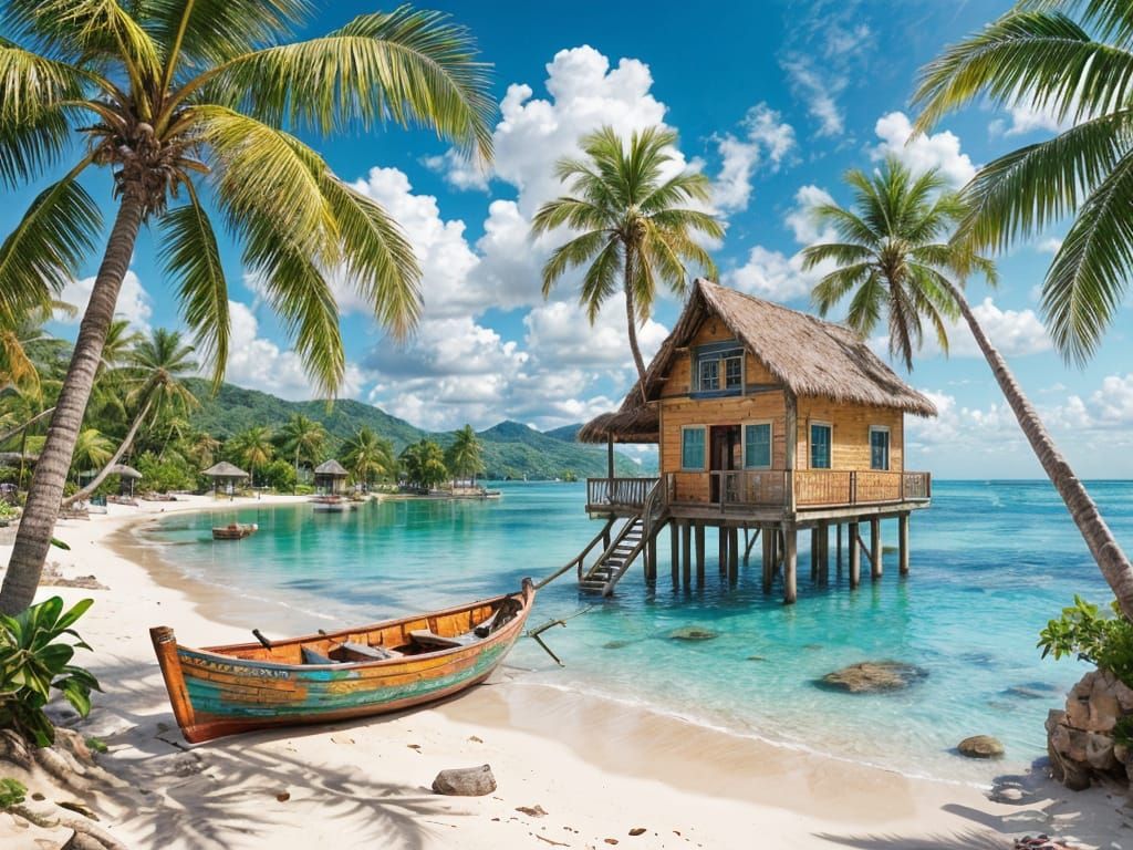 Vibrant Tropical Beach Scene in Watercolor Style