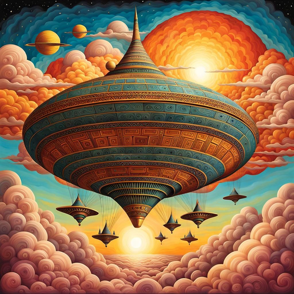 Egyptian Spaceship Sunset in Pointillism Cubism Style