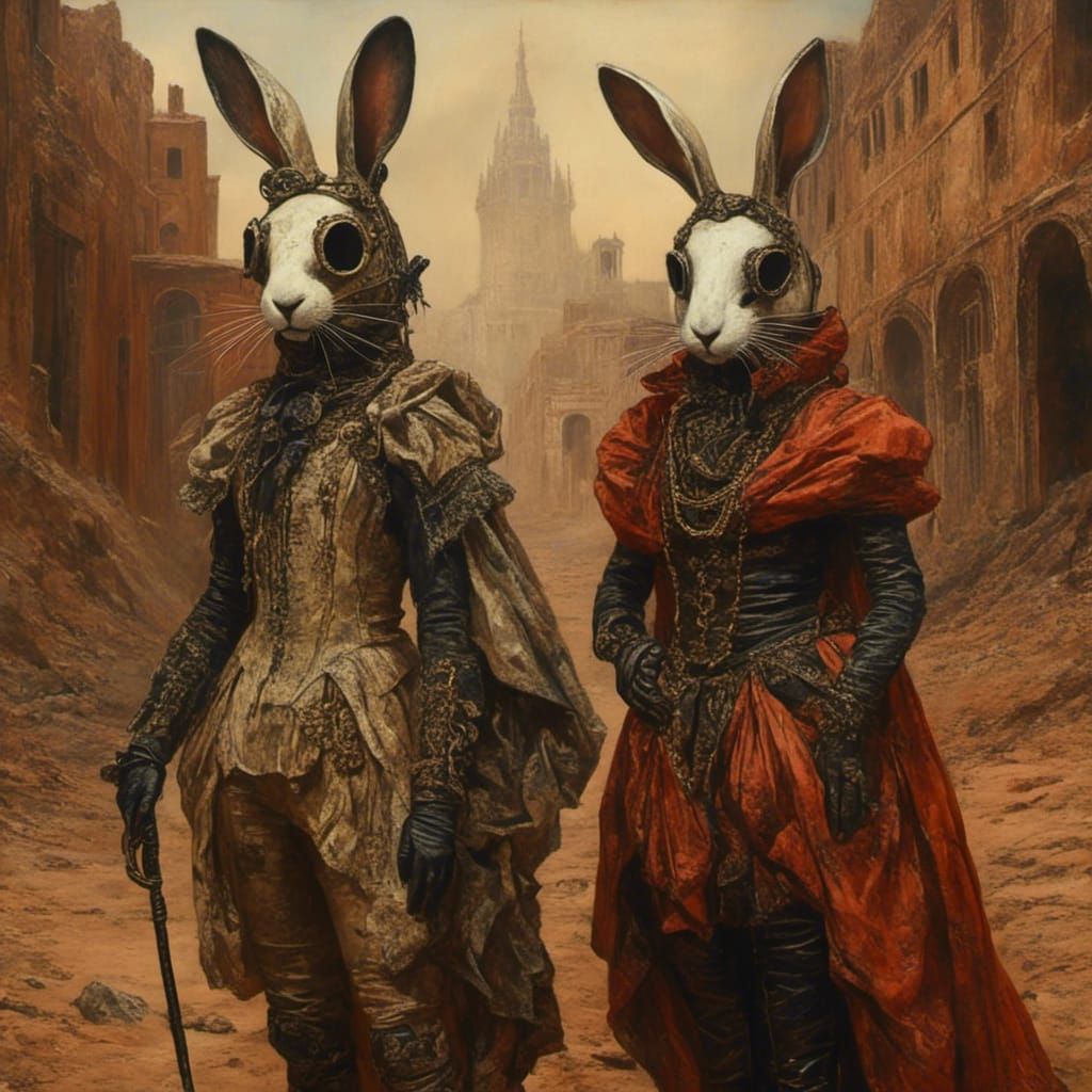 Rabbits' Masquerade on Mars in Pre-Raphaelite Style