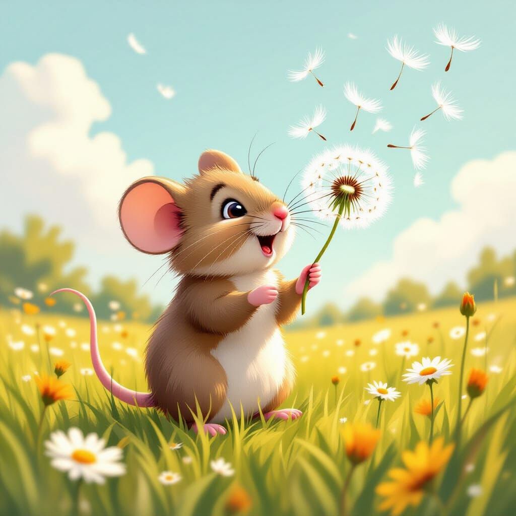 Fluffy Mouse Blowing Dandelion Petals in Pastel Field