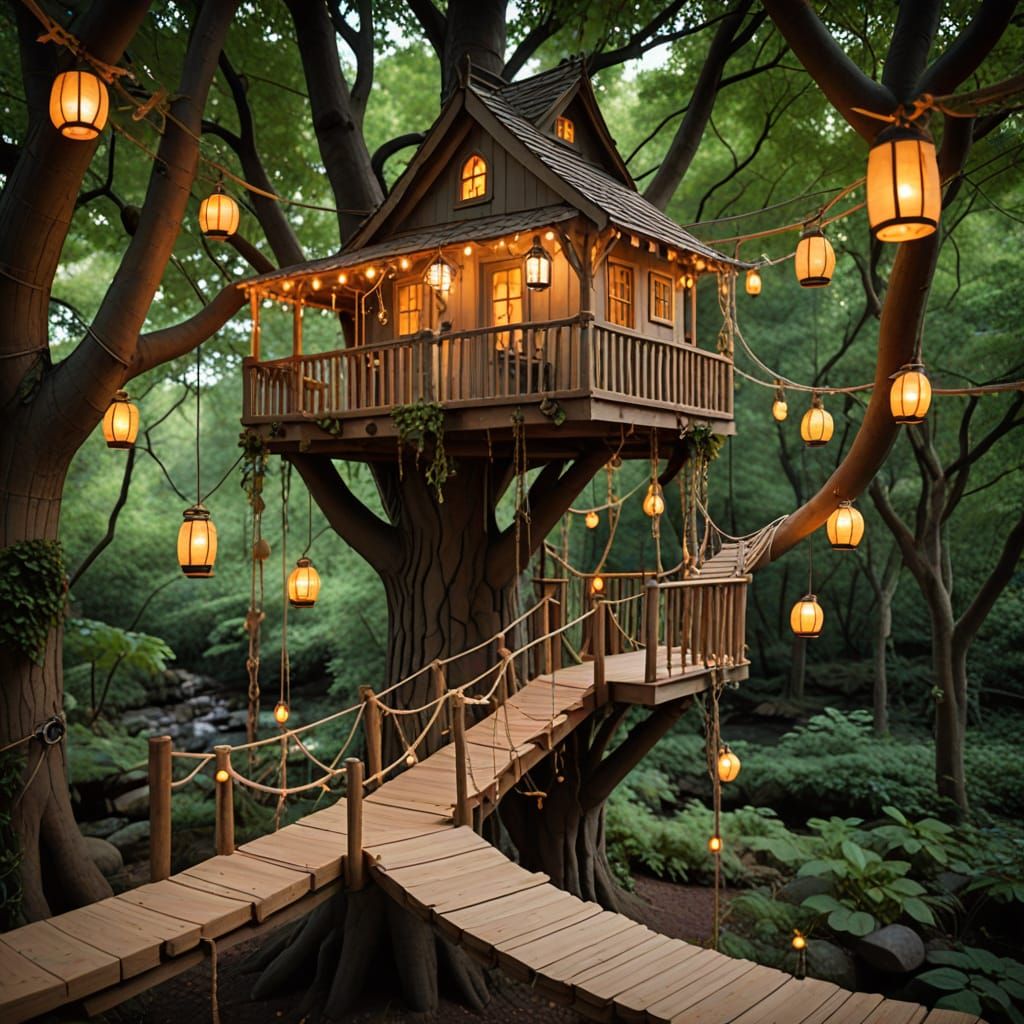 Enchanted Treehouse with Rope Bridges and Lanterns