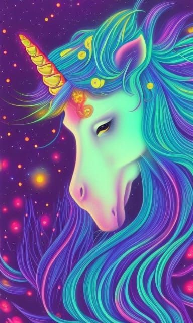 Neon Unicorn Portrait in Magic Realism Style