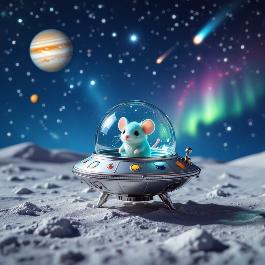 Alien Spaceship with Chibi Mouse on Moon Surface