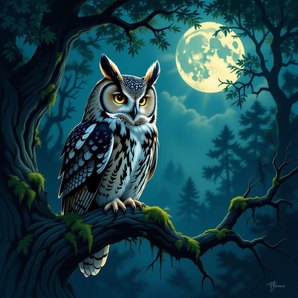 Majestic Owl with Oak Bark Feathers in Twilight Forest
