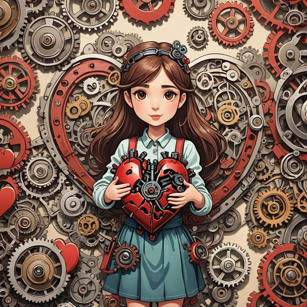 Cartoon Girl Fixing Mechanical Heart Illustration