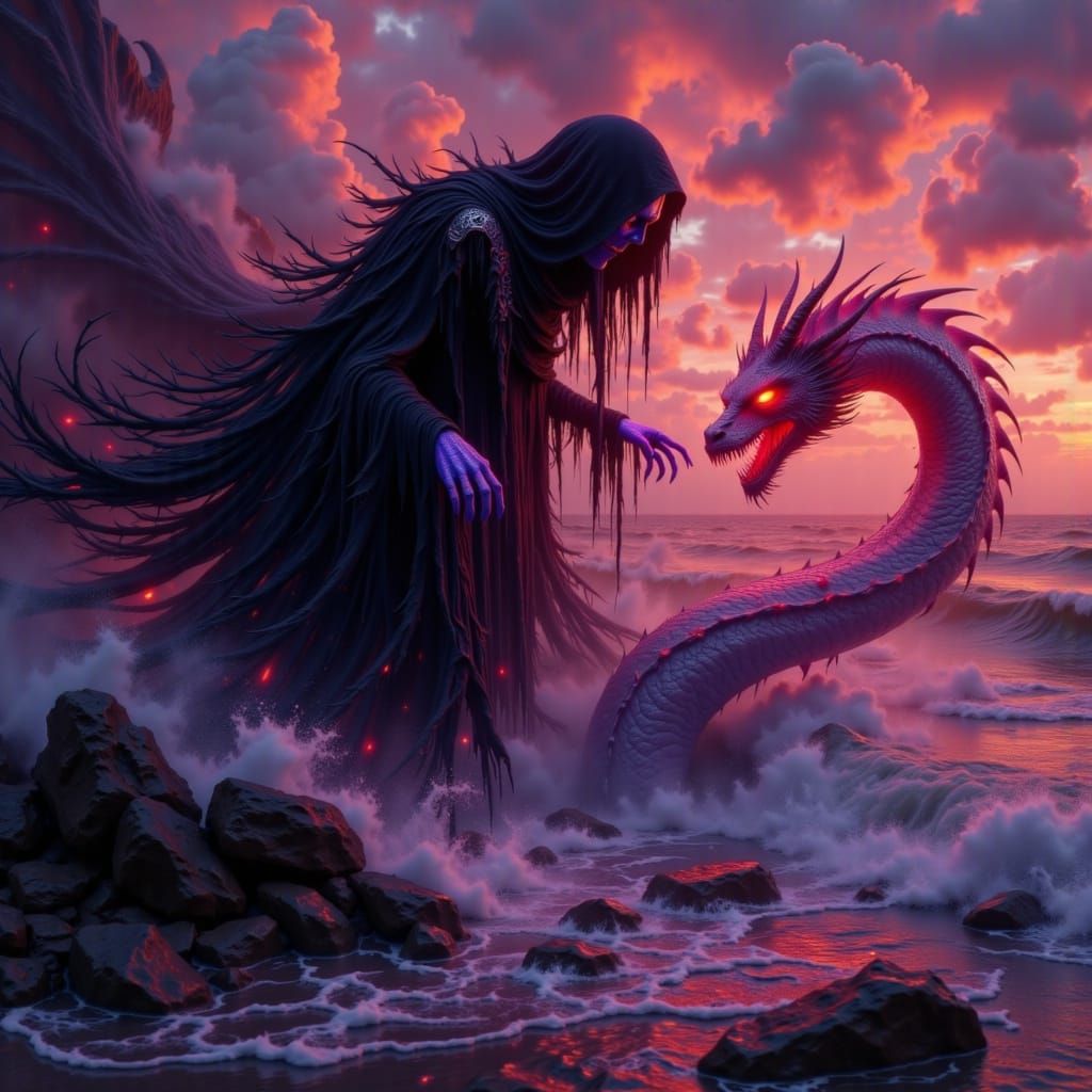 Spectral Grim Reaper Beside Crimson Waterfall with Pearlesce...