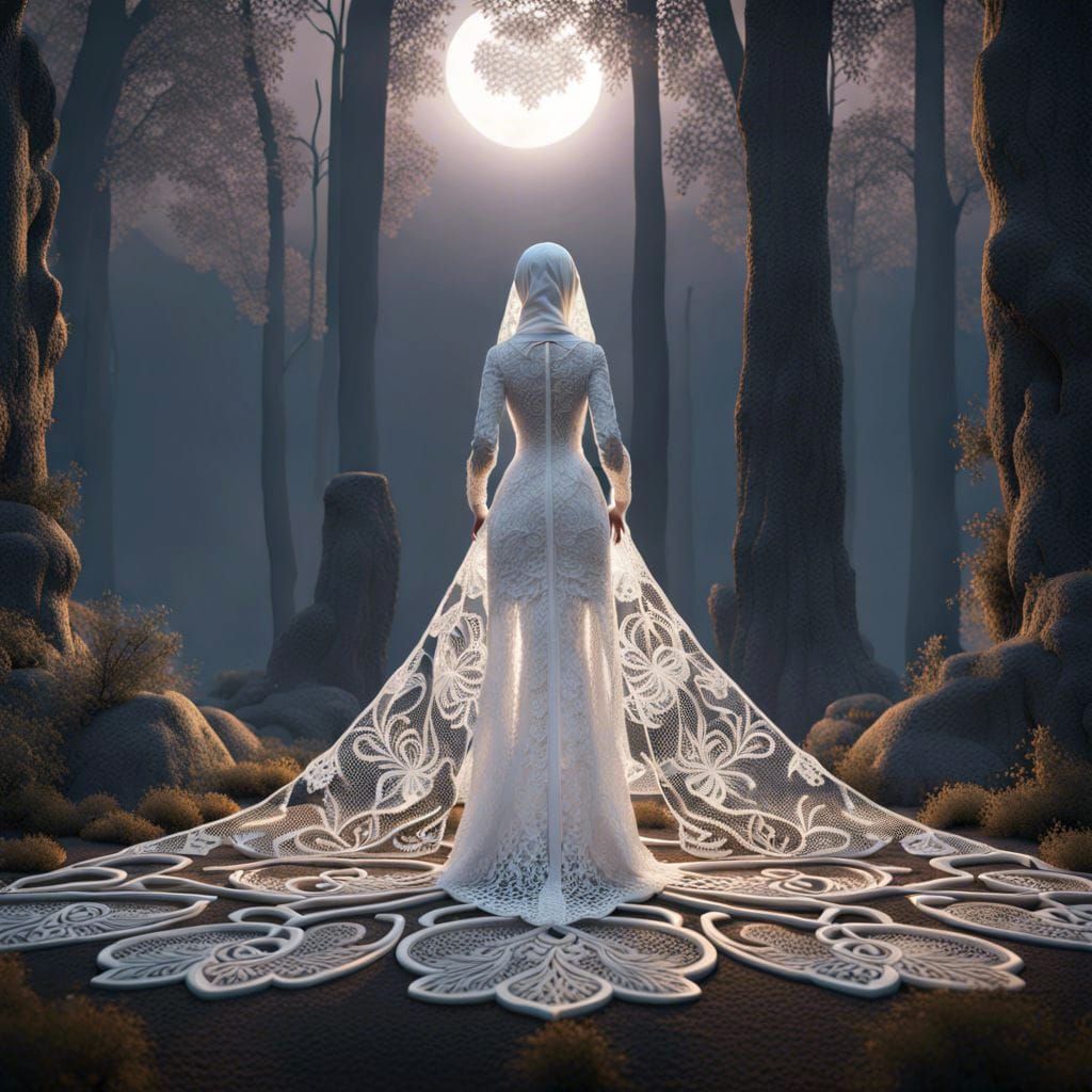 Hyperreal 3D Lace Figure in Moonlight Forest