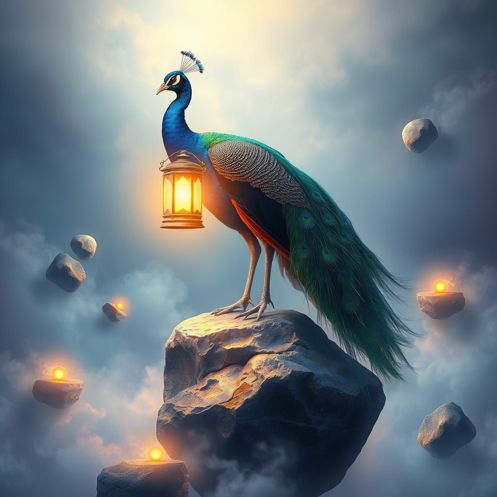 Majestic Peacock Lantern in a Dreamlike Landscape