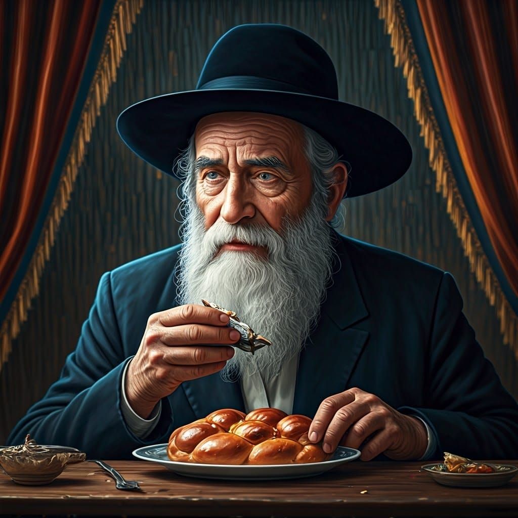 Hassidic Jew in Luxurious Sukkah, Hyperrealistic Splash Art