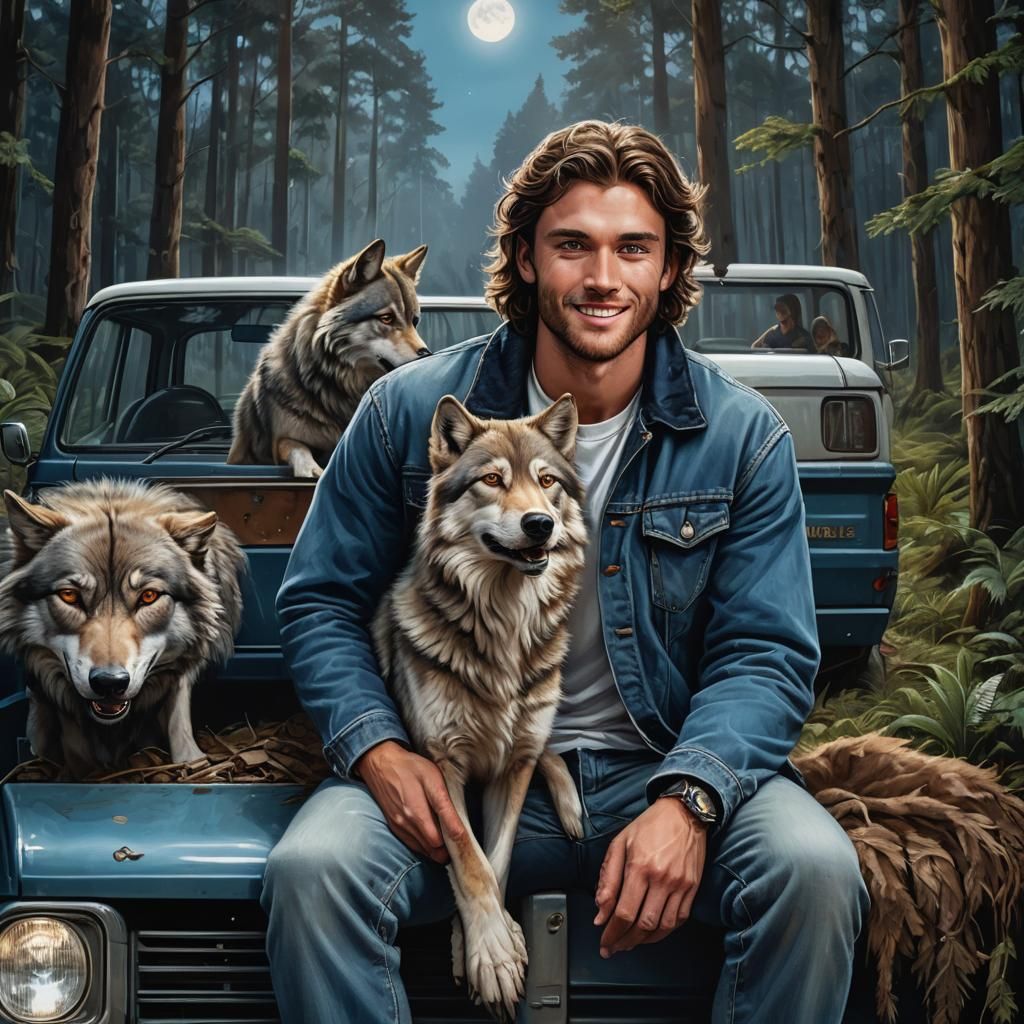 New Zealander with Wolf in Enchanted Forest