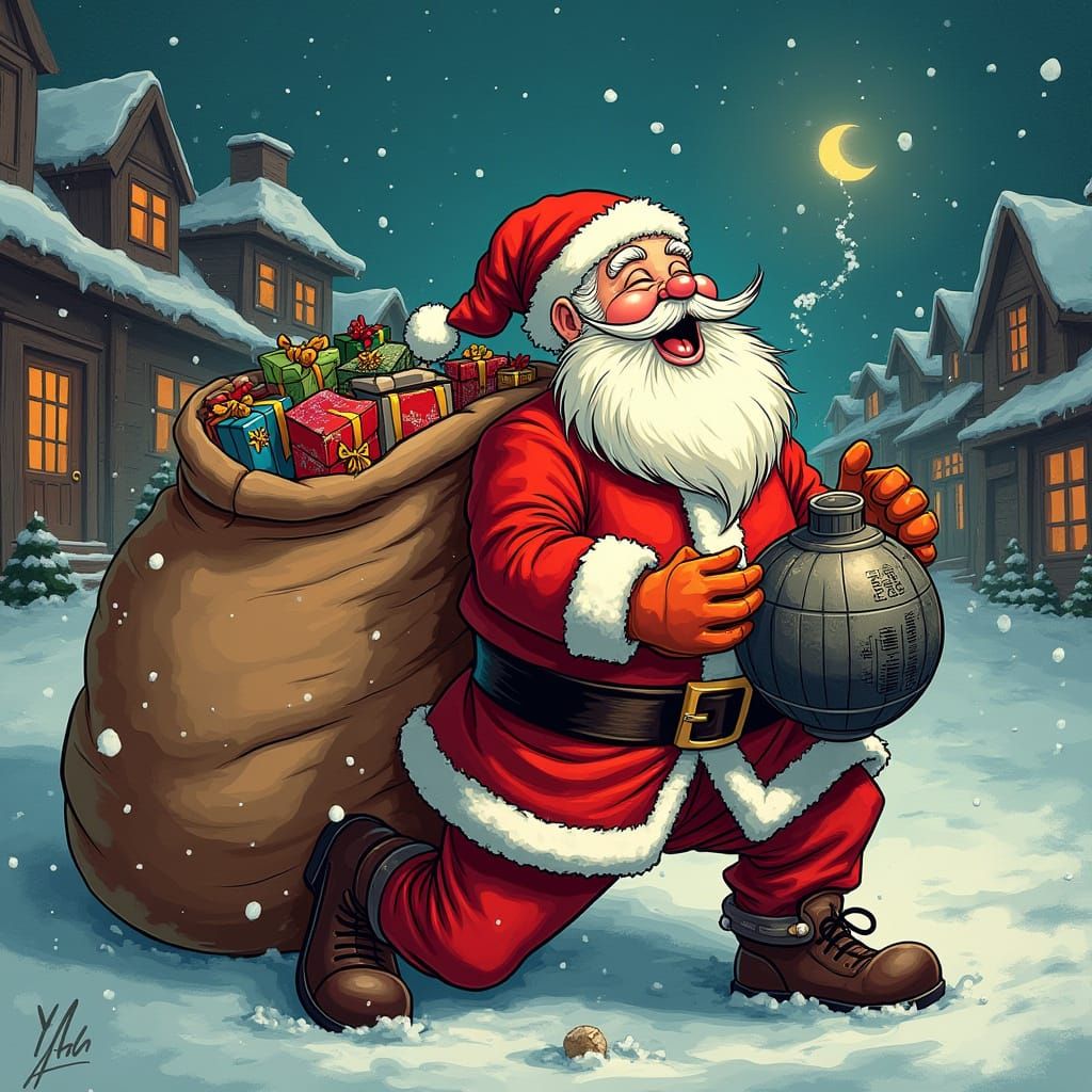 Santa Laughs Pulling Bomb From Gift Sack
