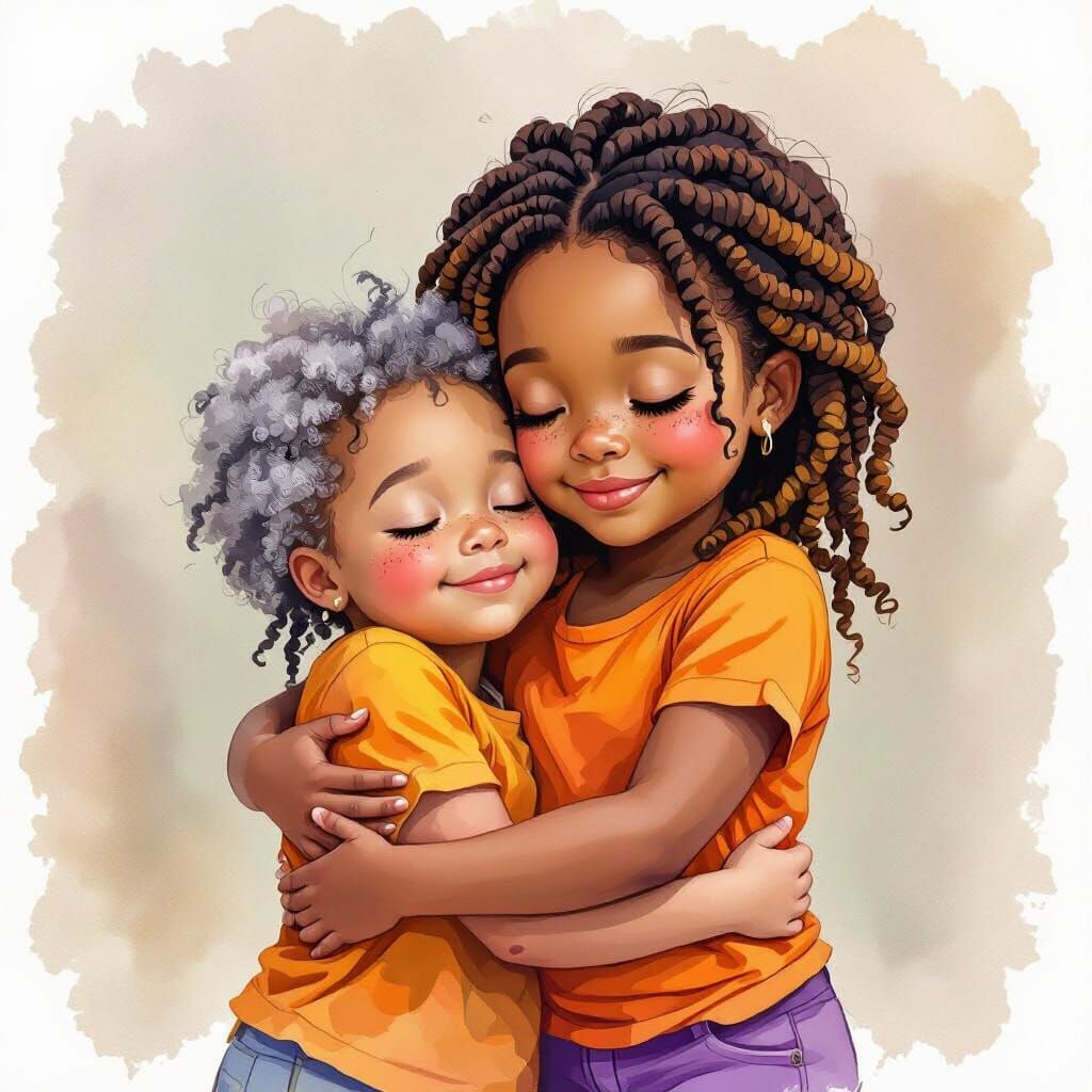 Girl and Grandma Embrace: Watercolor Illustration