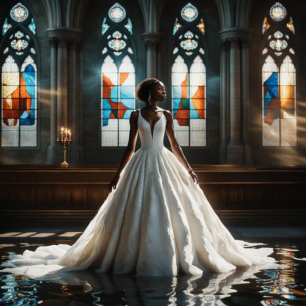 Epic Black Woman in Couture Gown, Cathedral