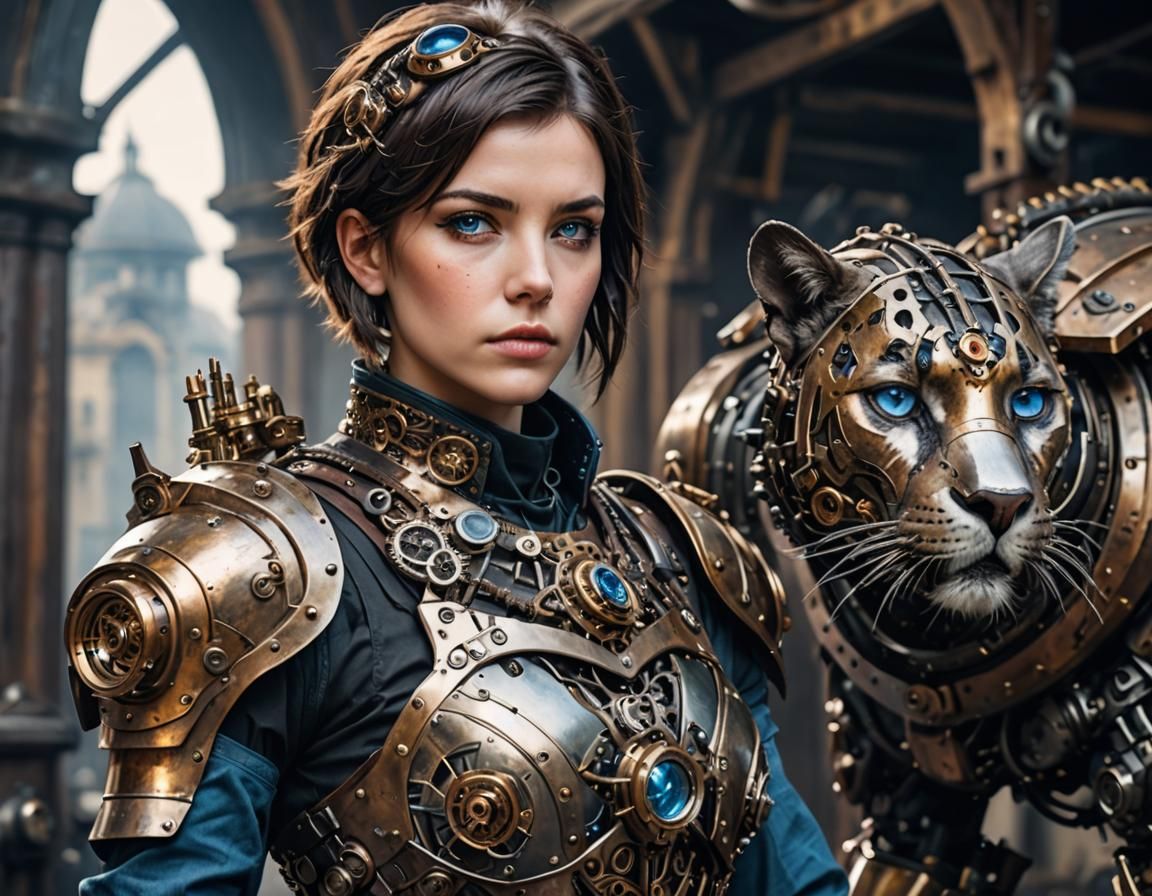 Steampunk Girl with Mechanical Panther Portrait