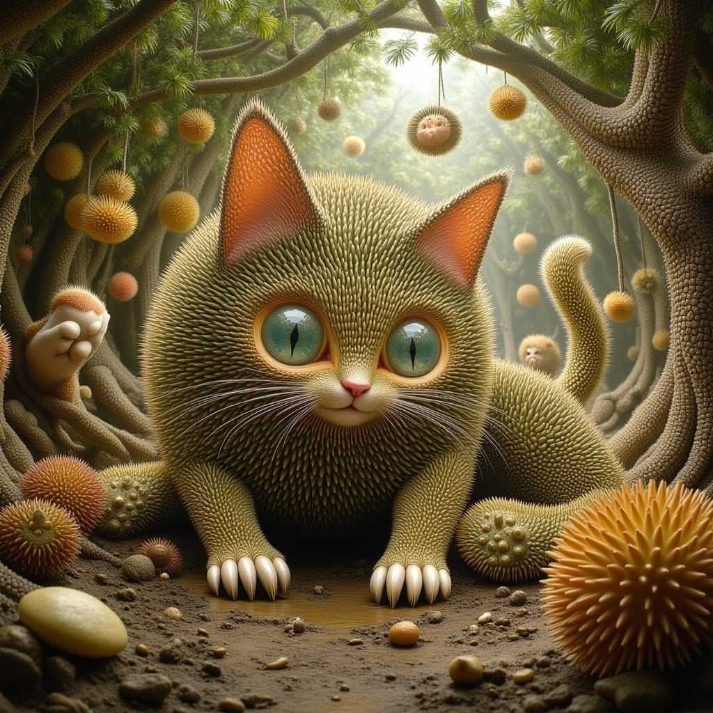 Quirky Durian Cat Amidst Southeast Asian Forest Canopy