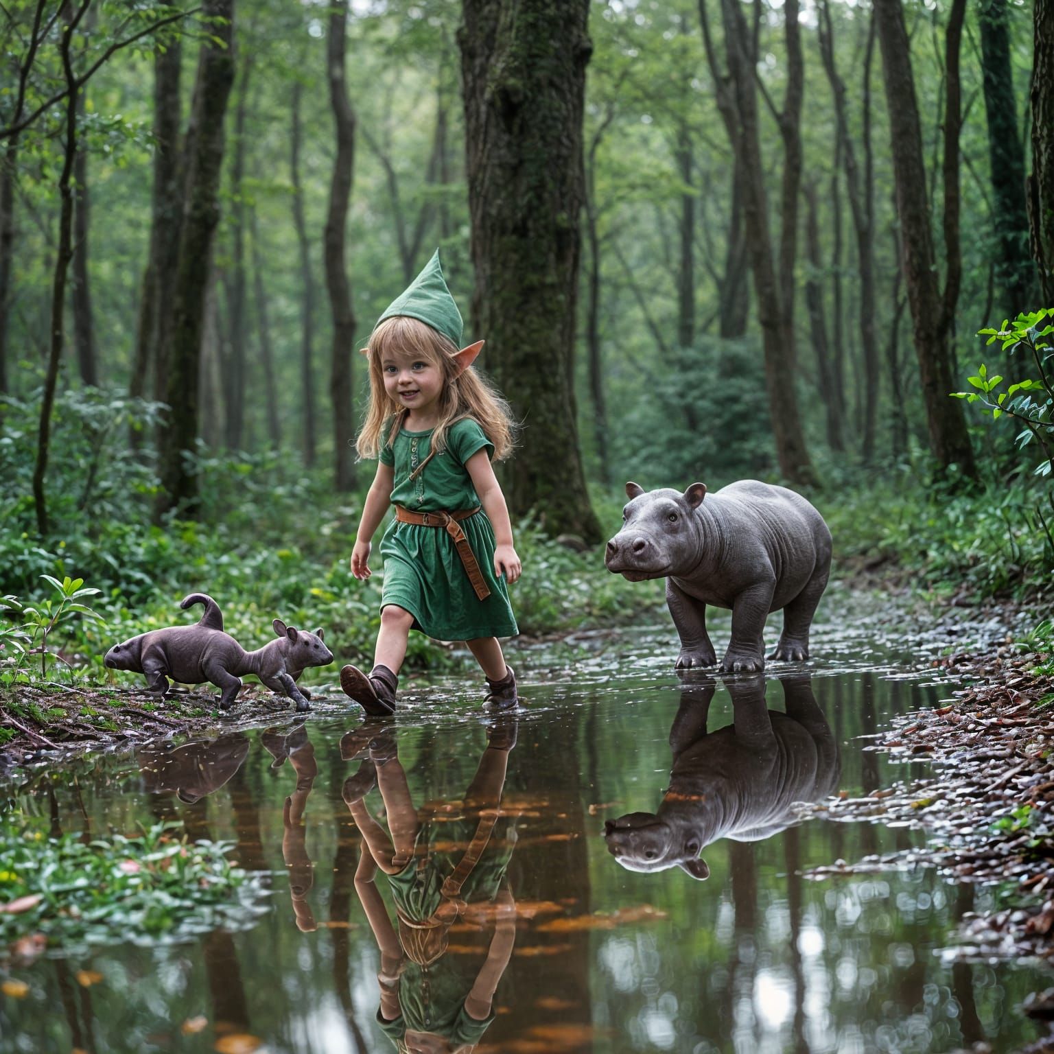 Elf Girl and Baby Hippo in Forest