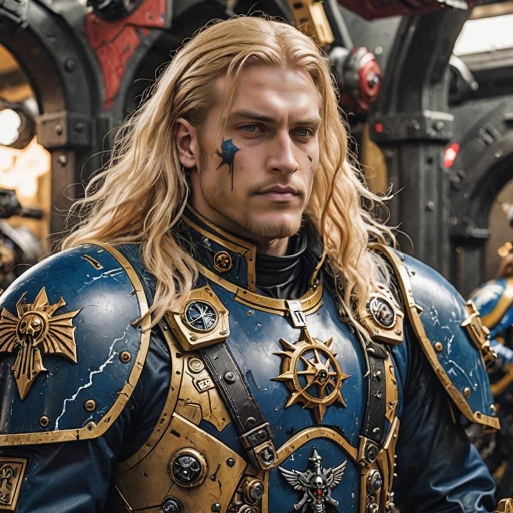 Man with luscious long blonde hair in a Warhammer 40K themed...